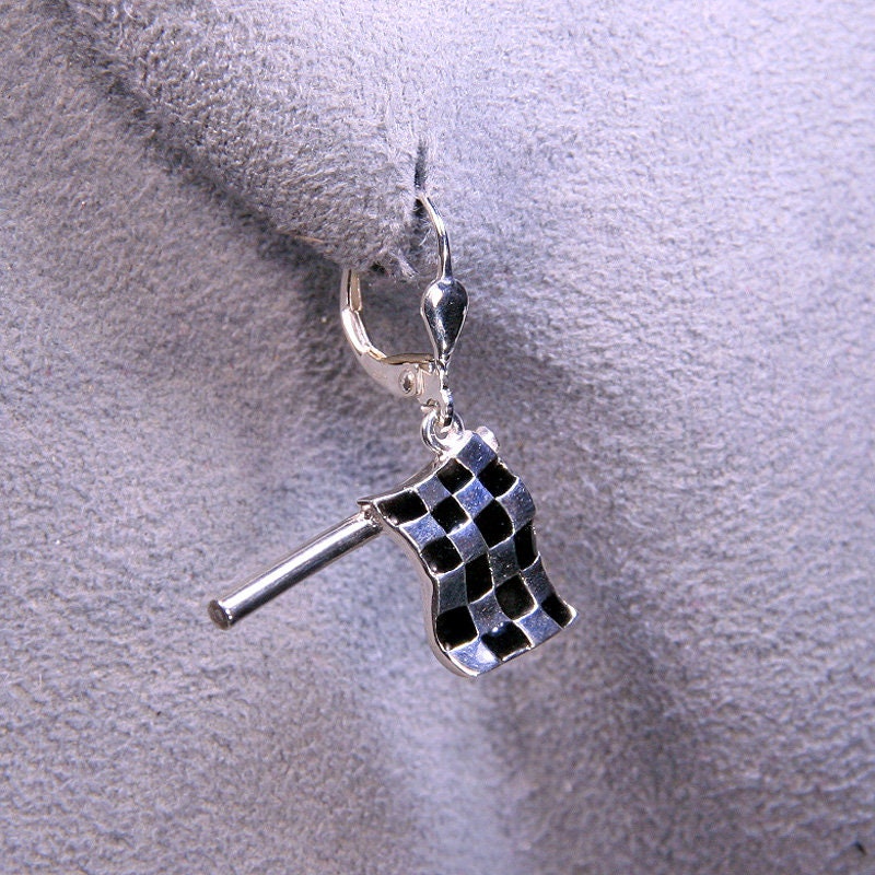 CHECKERED FLAG Pendant Necklace, Earrings, or Both. Handmade in Solid Sterling Silver with Enamel, Nascar, Indy Car, Formula 1