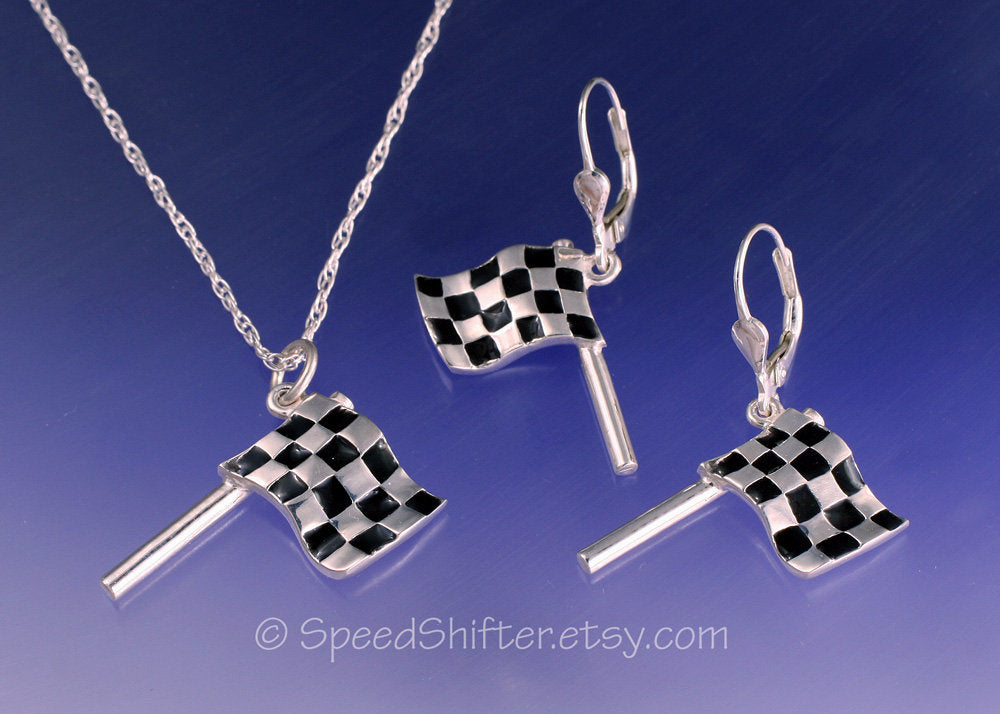 CHECKERED FLAG Pendant Necklace, Earrings, or Both.  Handmade in Solid Sterling Silver with Enamel, Nascar, Indy Car, Formula 1