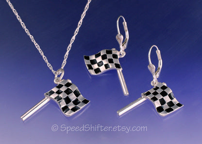 CHECKERED FLAG Pendant Necklace, Earrings, or Both.  Handmade in Solid Sterling Silver with Enamel, Nascar, Indy Car, Formula 1