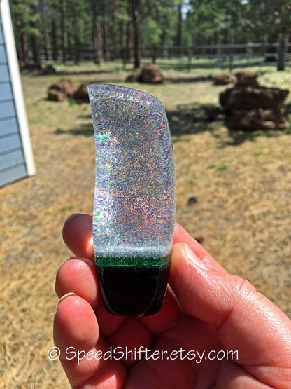 HOLOGRAPHIC with Green and Black. SHIFT KNOB, Specific Thread or Universal Fit.  For your Hot Rod, Rat Rod, Cool Ride, Sports Car, Fast C