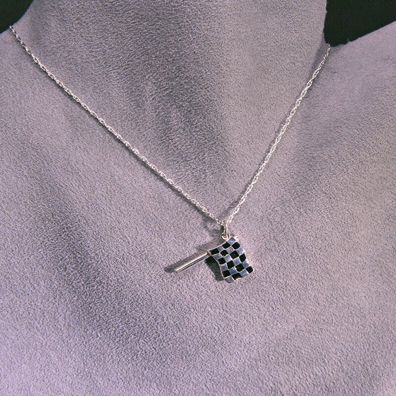 CHECKERED FLAG Pendant Necklace, Earrings, or Both.  Handmade in Solid Sterling Silver with Enamel, Nascar, Indy Car, Formula 1