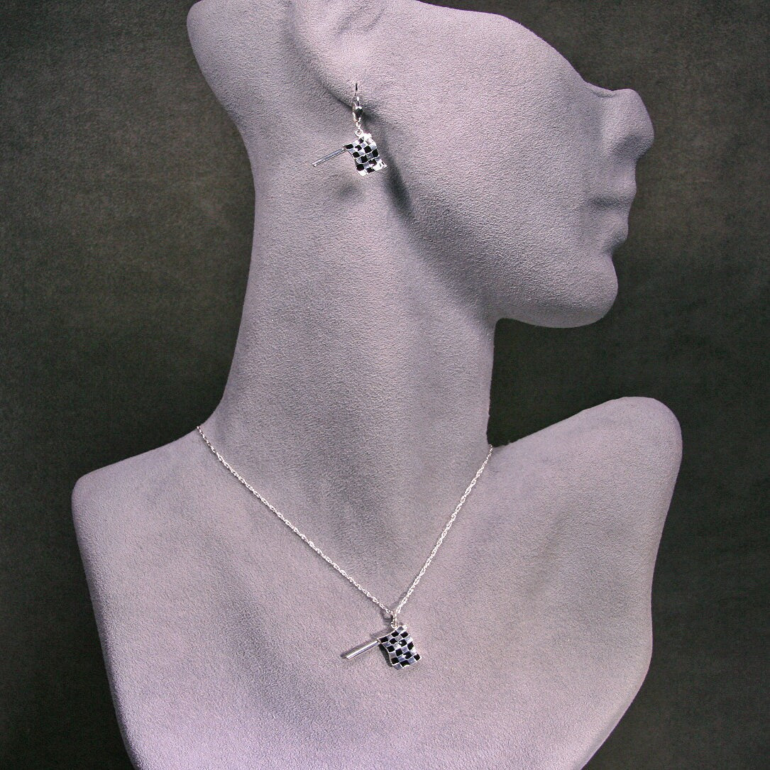 CHECKERED FLAG Pendant Necklace, Earrings, or Both.  Handmade in Solid Sterling Silver with Enamel, Nascar, Indy Car, Formula 1