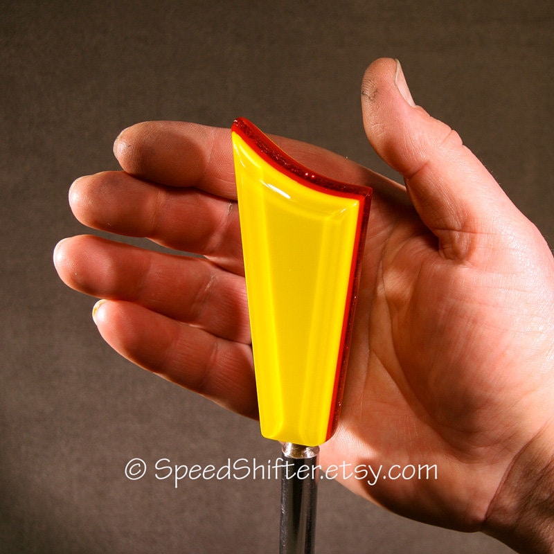 Yellow and Red. SHIFT KNOB, Specific Thread Mount or Universal Fit.  With layers of clear.  For your Hot Rod, Rat Rod, Cool Ride, Sports Car