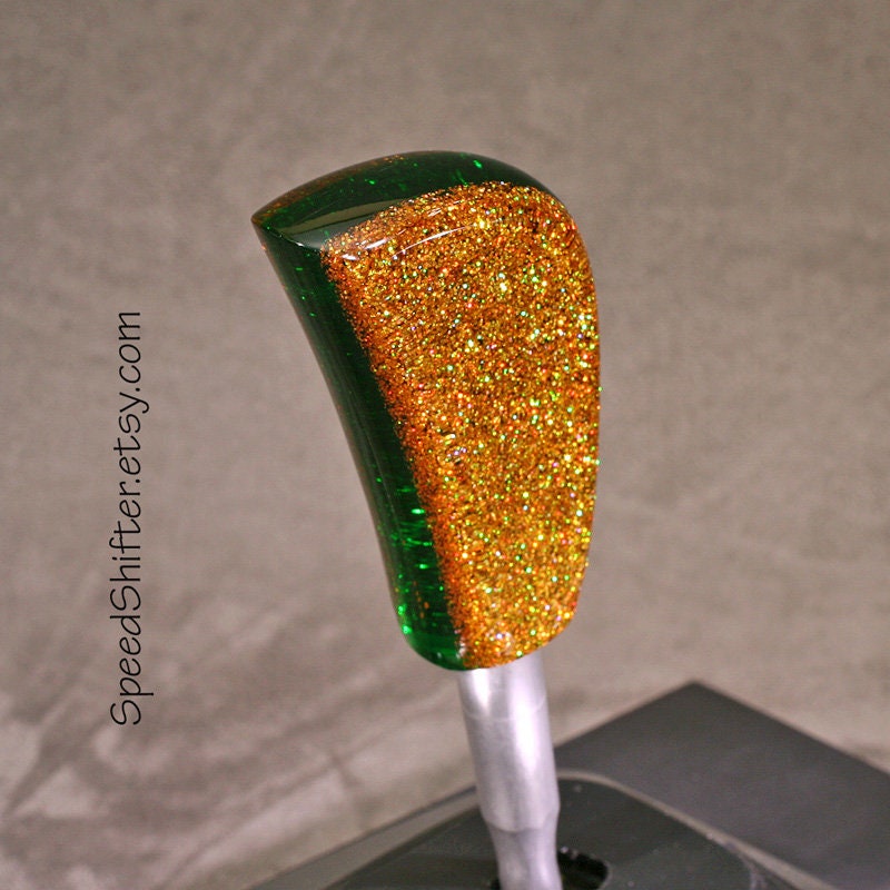 Deep Golden Holographic with Green. SHIFT KNOB, Thread Mount or Universal Fit. For your Hot Rod, Rat Rod, Cool Ride, Sports Car