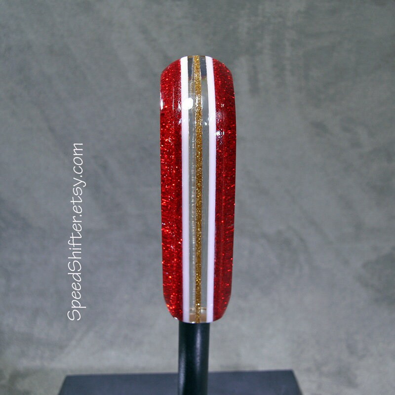Electric Red with Gold and White SHIFT KNOB, Specific Thread Mount or Universal Fit.  For your Hot Rod, Rat Rod, Cool Ride, Sports Car