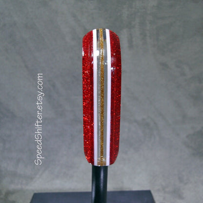 Electric Red with Gold and White SHIFT KNOB, Specific Thread Mount or Universal Fit.  For your Hot Rod, Rat Rod, Cool Ride, Sports Car