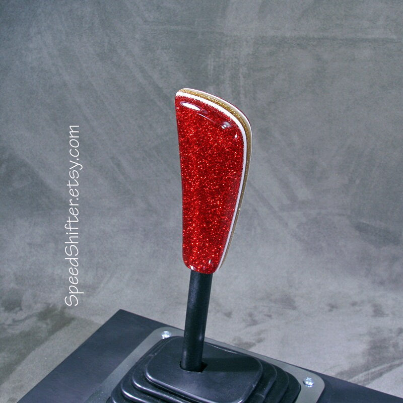 Electric Red with Gold and White SHIFT KNOB, Specific Thread Mount or Universal Fit.  For your Hot Rod, Rat Rod, Cool Ride, Sports Car