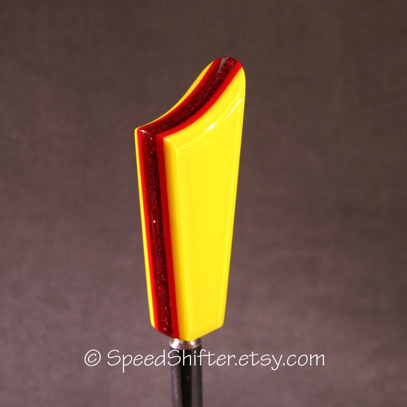 Yellow and Red. SHIFT KNOB, Specific Thread Mount or Universal Fit.  With layers of clear.  For your Hot Rod, Rat Rod, Cool Ride, Sports Car