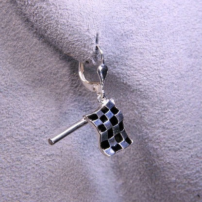 CHECKERED FLAG Pendant Necklace, Earrings, or Both.  Handmade in Solid Sterling Silver with Enamel, Nascar, Indy Car, Formula 1
