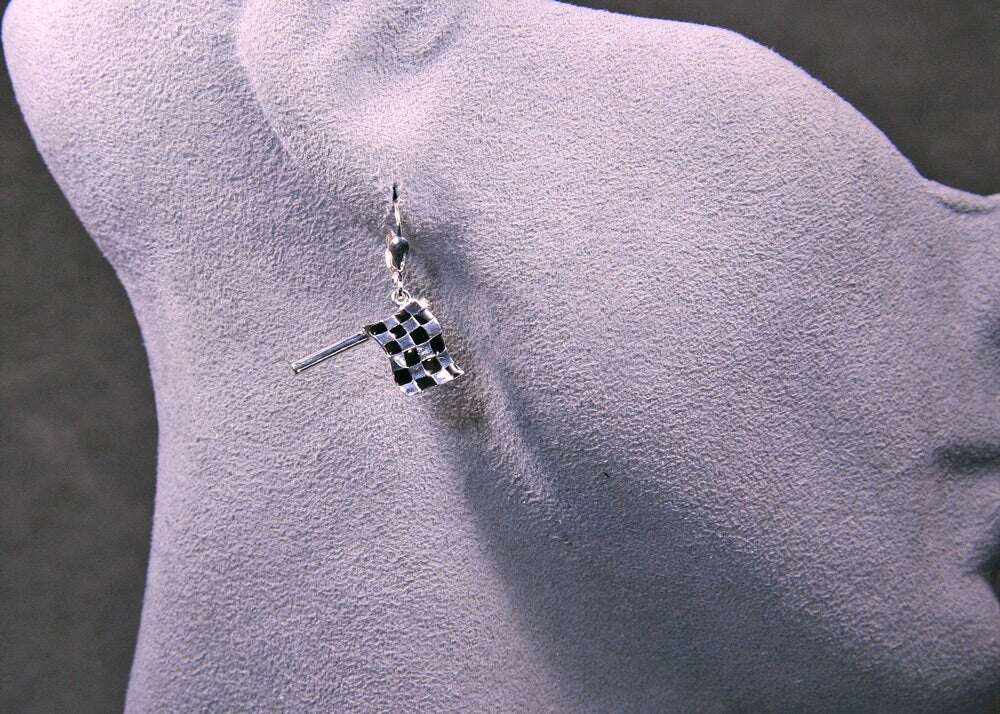CHECKERED FLAG Pendant Necklace, Earrings, or Both.  Handmade in Solid Sterling Silver with Enamel, Nascar, Indy Car, Formula 1