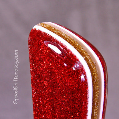 Electric Red with Gold and White SHIFT KNOB, Specific Thread Mount or Universal Fit.  For your Hot Rod, Rat Rod, Cool Ride, Sports Car