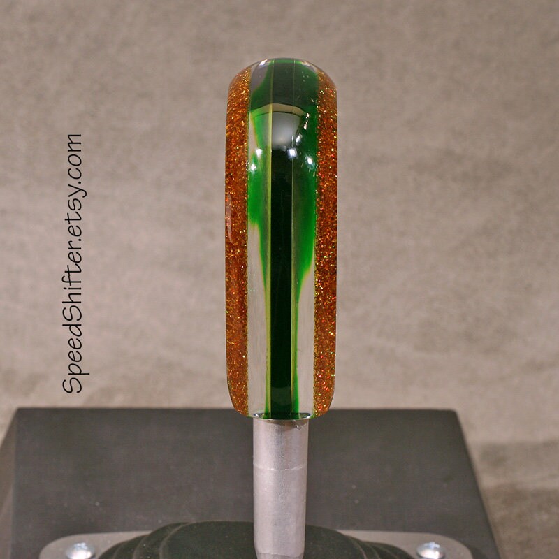 Deep Golden Holographic with Green. SHIFT KNOB, Thread Mount or Universal Fit. For your Hot Rod, Rat Rod, Cool Ride, Sports Car