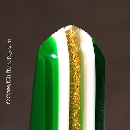 Green with Gold Metalflake. SHIFTER KNOB, Specific Thread Mount or Universal Fit.  For your Hot Rod, Rat Rod, Cool Ride, Sports Car
