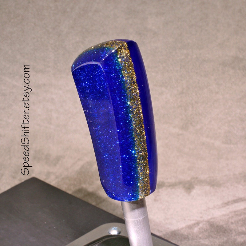 Vivid Blue with Gold. SHIFTER KNOB, Thread Mount or Universal Fit. For your Hot Rod, Rat Rod, Cool Ride, Sports Car